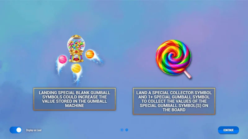 Sweet Candy Cash Stash - galvenā izvēlne un spēļu automāta iestatījumi